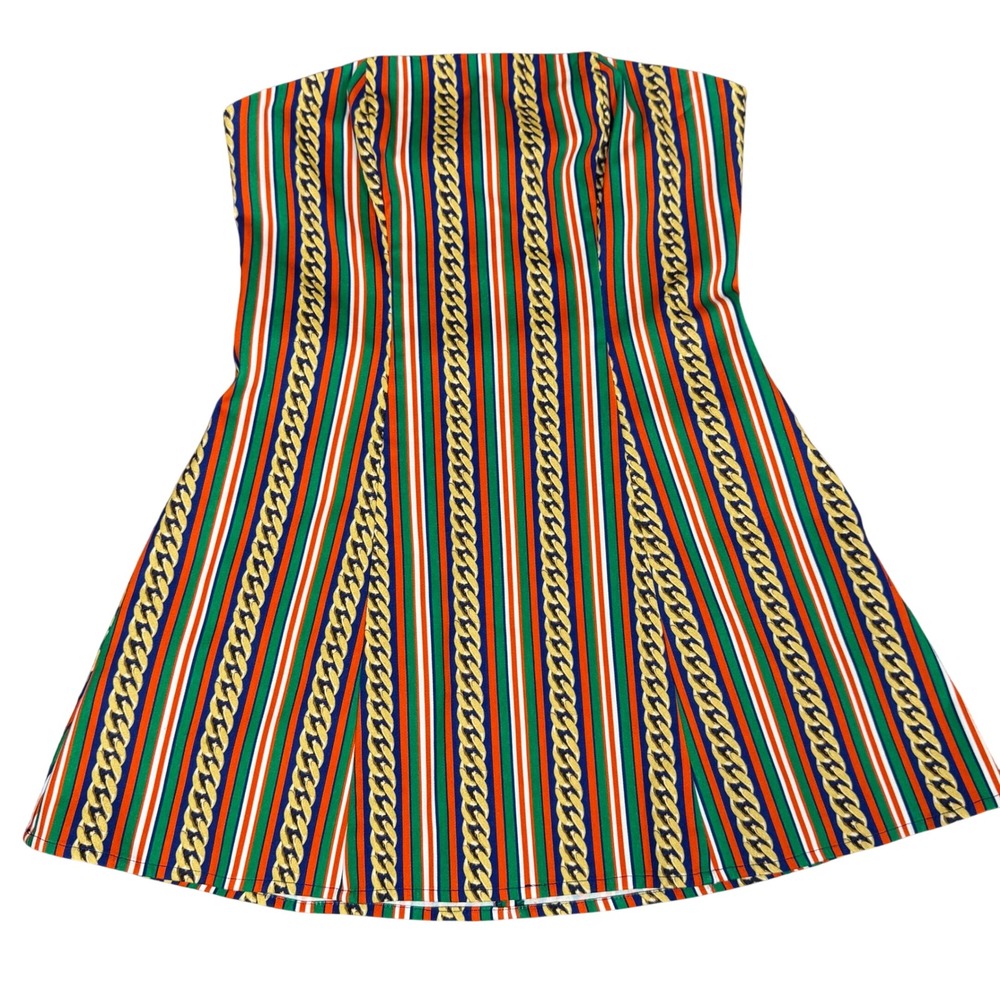 Unbranded Strapless Chain Print Mini Dress Green Orange Stripe A-Line Women